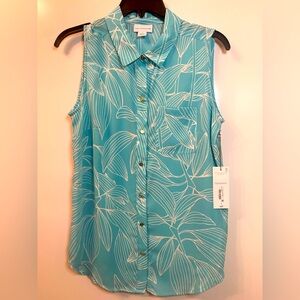 NWT Liz Claiborne Womens Sleeveless Blue & White Button-Down Shirt Size Small